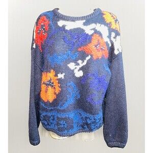 Vintage Kitty Hawk by Vivian Wang M Floral Beaded Knit Sweater 80s 90s Navy